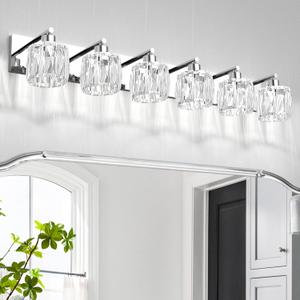 VOLISUN Crystal Vanity Lights for Bathroom, 6 Light Modern Stainless Steel Bathroom Light Fixtures Over Mirror, Chrome Bathrooms Lights Fixtures - UL Certificated (Exclude Bulb)