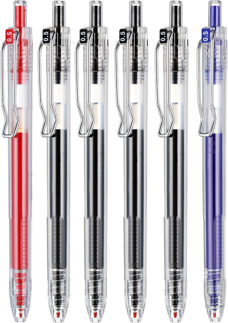 Colourcolor 6 pack Retractable Gel Pens Super Long Lasting 0.5mm Fine Point Gel Ink Roller Ball Journal Pens Smooth Writing Large Capacity, Back to School