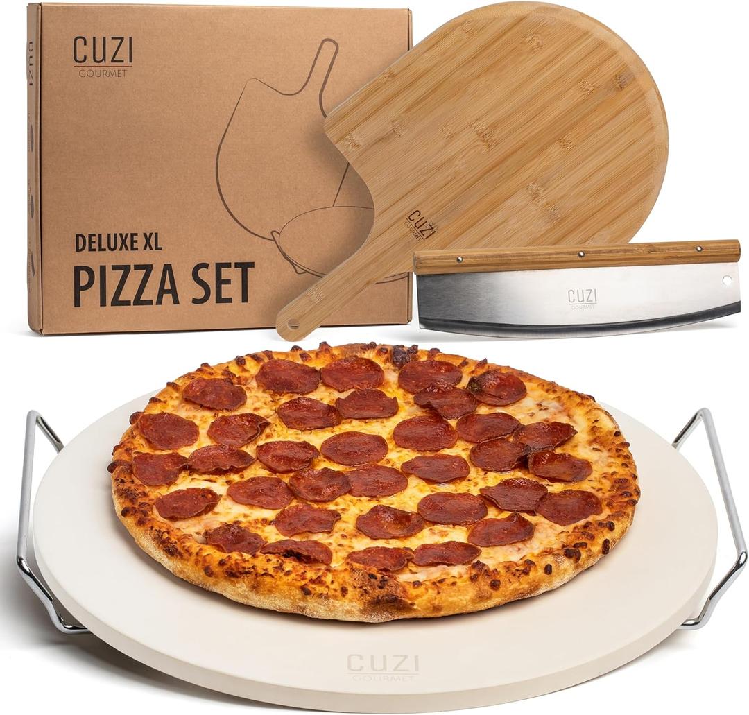 Cuzi Gourmet XL 4-Piece Pizza Stone Set - 15" Thermal Shock Resistant Cordierite Baking Stone, 22" Natural Bamboo Peel & Cutter Rocker - Large Stone for Grill and Oven