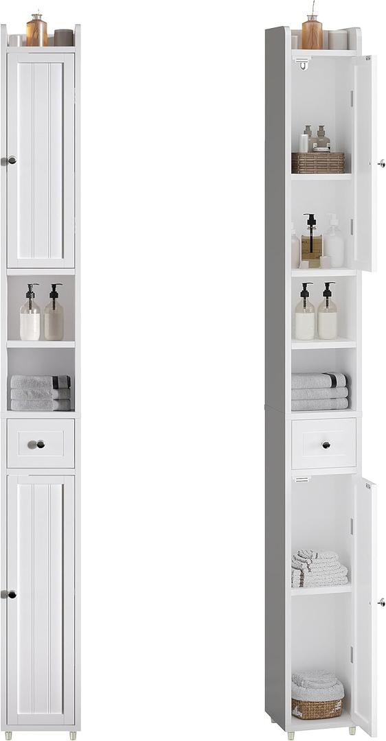 ChooChoo Narrow Bathroom Storage Cabinet with Adjustable Shelves, Tall Storage Cabinet with 2 Doors and 1 Drawer, Freestanding Cupboard for Small Spaces, White, 7.87"D x 7.87"W x 70.87"H