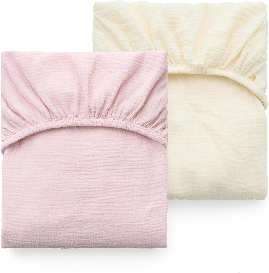 Momcozy Muslin Standard Fitted Crib Sheets, 52"x28", 2 Pack Soft Breathable Natural Cotton Baby Mattress Sheet, 360° Mattress Wrapping No Slip Boys Girls Neutral Toddler Bed Sheet, Beige Blush