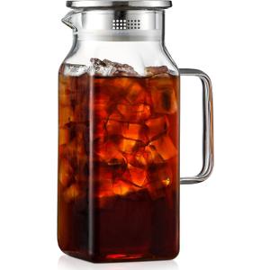 40 oz,1.2Liter Square Glass Pitcher with Lid and Spout, Breast Milk Pitcher with Handle for Fridge, Borosilicate Glass Carafe for Hot/Cold Drink, Small Jug for Iced Tea, Coffee,Water Storage Container (40.6 Ounces, Clear)