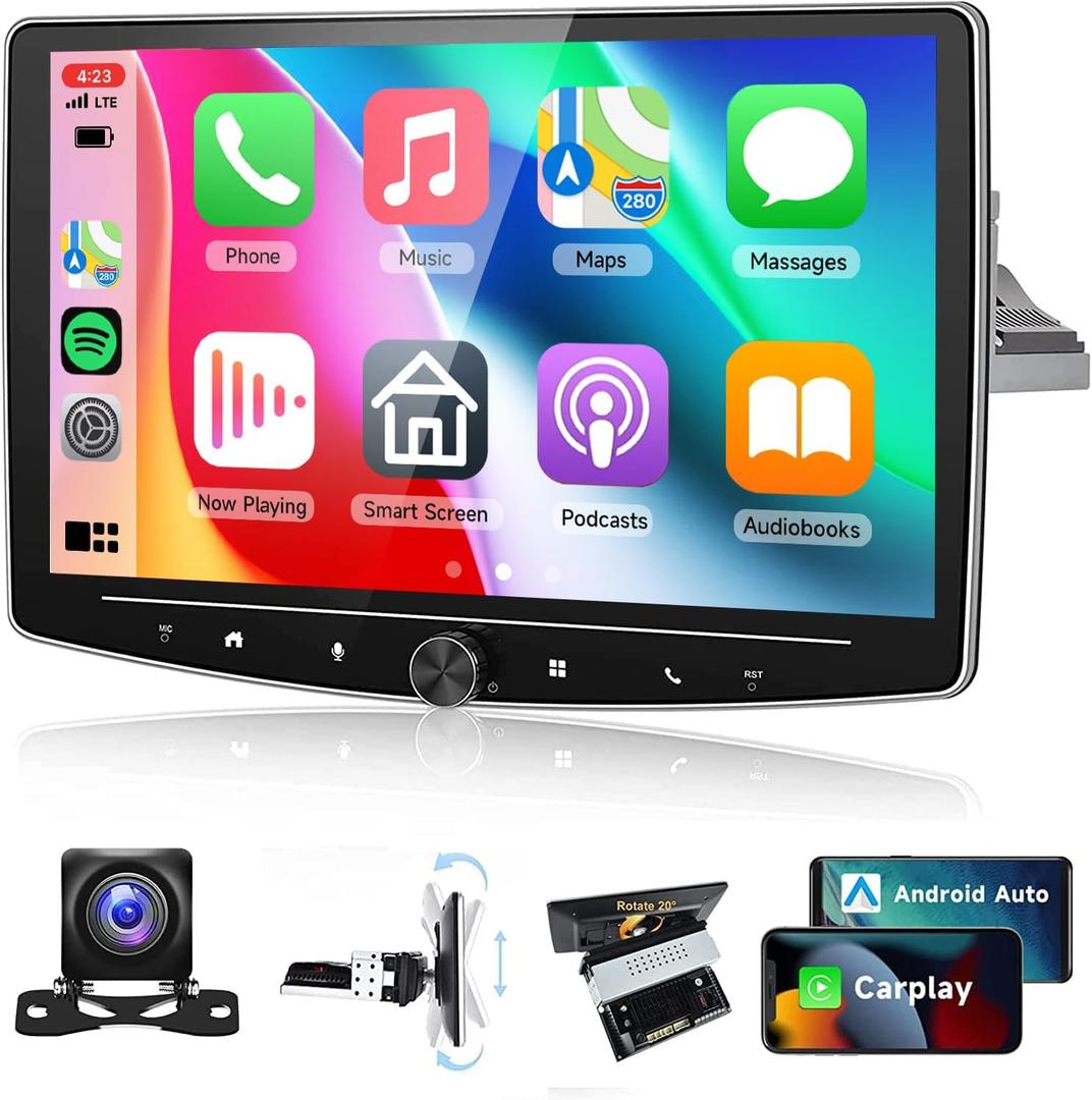 Single Din Car Stereo with Wireless Carplay Android Auto, 32G Android 10.1 Inch Rotatable Touch Screen Radio with GPS/WiFi/Bluetooth/FM/RDS/SWC+Camera