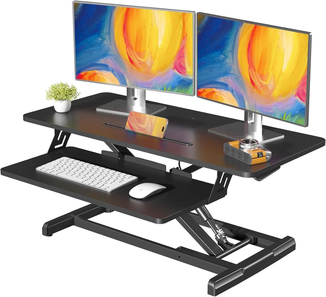 JOY worker Standing Desk Converter, 35" Wide Height Adjustable Sit Stand Up Desk Riser with Keyboard Tray, Desktop Workstation Riser for Home Office Computer Laptop, Particle Board, Black (35 Inch)