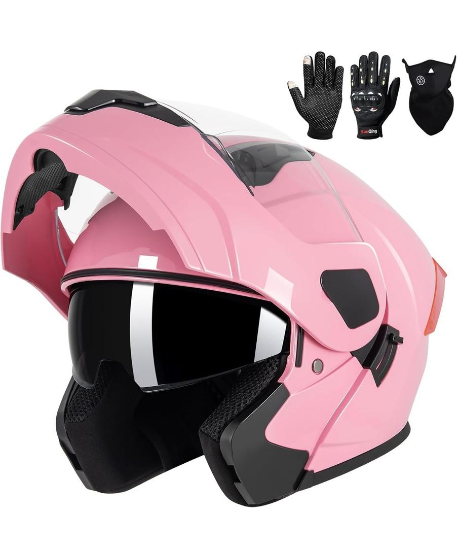 Adult Modular Motorcycle Helmets, DOT Approved Flip up Dual Visor Full Face Helmet for Men Women Moto ATV UTV Snowmobile ADV Four Wheeler Street Bike with Gloves & Mask, Medium, Pink