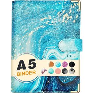 A5 Refillable 6 Ring Faux Leather Budget Binder,Mini Notebook Binder Cover for A5 Filler Paper,Loose Leaf Personal Planner Cover with Magnetic Buckle Closure(Marble Blue)