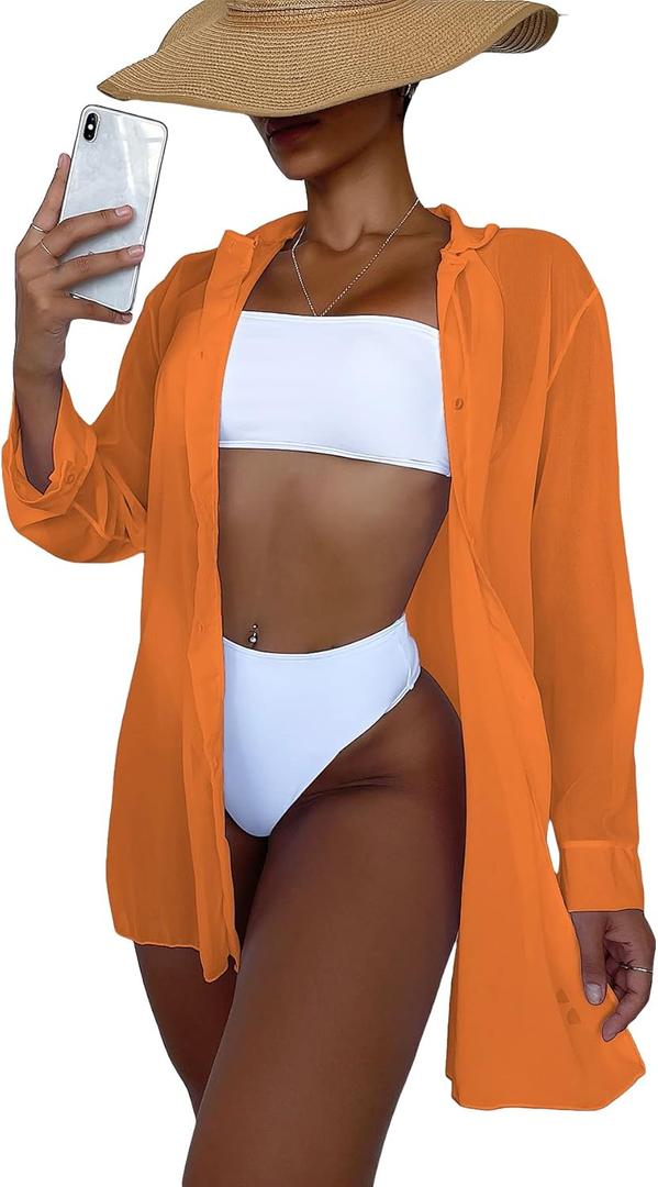 SHENHE Women's Sheer Button Up Long Sleeve Beach Kimono Cover Up Shirt Sun Dresses (Large, Orange)