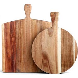 2 Pcs Acacia Wood Cutting Board with Handles Charcuterie Boards for Kitchen Round & Rectangular Wooden Cutting Board Set for Cheese Meat Fruit Pizza Bread, 16x12 Inch, 17x13 Inch