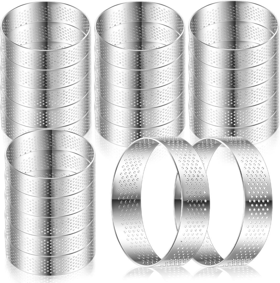 Mumufy 20 Pcs Perforated Tart Rings Round Stainless Steel Tart Rings for Baking Nonstick Metal Round Cake Ring for Pastry French Dessert Mousse Food Crisp Home Food Making Tool (2.4") (2.4")