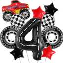 Truck Party Decorations  10PCS Truck Balloons Set with Tires, Stars, Checkered Patterns & Number 4 Foil Balloon for 4th Birthday Party Supplies