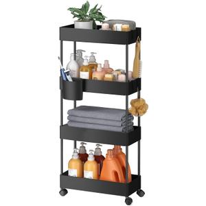 Slim Storage Cart with Wheels - Bathroom Cart Organizer Storage, 4 Tier Rolling Carts for Bathroom, Laundry Room, Kitchen, Narrow Space, Black 