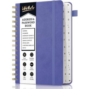 WEMATE Spiral Address Book with Alphabetical Tabs, Leather Password Book, Address Organizer Telephone Notebook Journal Keep Contact Safe Hardcover Large Print for Seniors Home Office 5.88.2, Purple