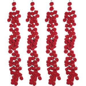 4 Pcs Red Artificial Rose Vine Hanging Faux Flowers Garland for Wedding Anniversary Birthday Party Background Arch Garden Home Wall Room Decor