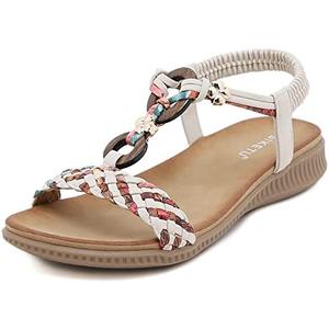 Unifizz Women's Summer Sandals Comfortable T-Strap Flower Beaded Classic Flat Elastic Sandals Dress Shoes for Outdoor Beach Wedding, Size 9,5