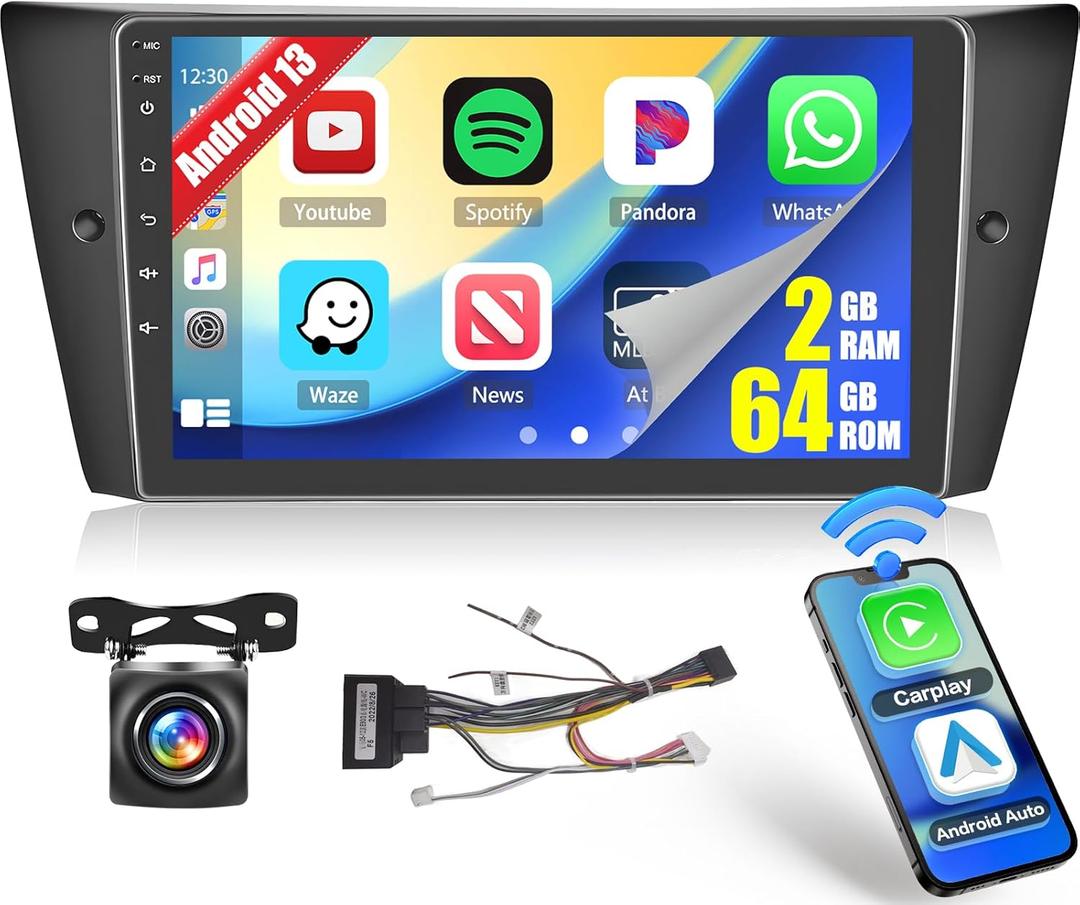 [2+64G] Hikity Android 15 Car Stereo for BMW 328i 335i 325i 2005-2011 3 Series (E90/E91/E92/E93) Wireless CarPlay Android Auto, 9'' Touch Screen Car Radio GPS Mirror Link WiFi BT FM/RDS SWC 28UI