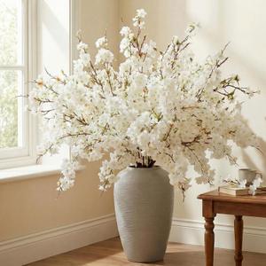 Giegxin 18 Pcs Artificial Cherry Blossom, 41" Faux Cherry Branches Spring Decor Indoor Silk Fake Flowers Long Stems for Tall Vase Table Home Wedding Business Spaces Decor (White)