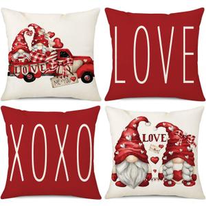 NIGHTWISH Valentine's Day Pillow Covers 18x18 Set of 4 Love Heart Truck Gnomes Valentines Day Decorations XOXO Wedding Throw Cushion Case for Sofa Couch