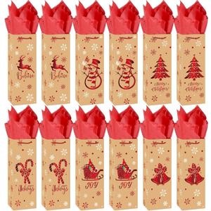 Pasimy 12 Pcs Christmas Wine Bags With Tissue Paper Xmas Wine Gift Bags with Handles Christmas Bottle Wrapping for Xmas Holiday Winter Wedding Liquor Lovers and Drinkers Gift Party Favors Supplies