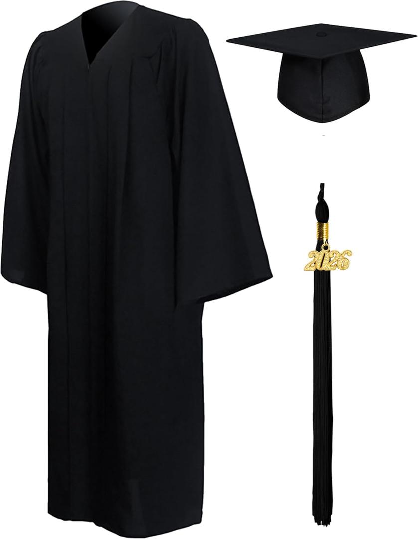 GraduationMall Matte Graduation Gown Cap Tassel Set 2026 for High School and Bachelor (Black, S)