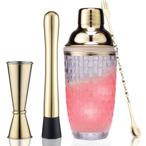 Cocktail Shaker Set - Includes Measuring Jigger, Mixing Spoon and Muddler with 13oz Glass Martini Shaker Bottle Stainless Steel Bar Tools (Gold Set)