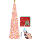HMASYO 6 FT Pop Up Tinsel Christmas Tree with 100 LED Timer Lights & Remote, Pink Collapsible Artificial Pencil Tree with Snowflake Ornaments Xmas Decoration for Home, Office, Party, USB Powered