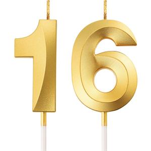 Birthday Candles Numeral Candles Cake Topper Decoration for Birthday Party Wedding Anniversary Celebration Supplies(Gold,16th)