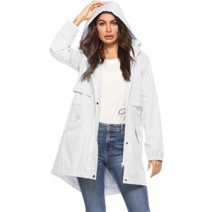 Avoogue Womens Raincoats Waterproof Cinch Waist Breathable All Weather Jacket Long (XX-Large, White)