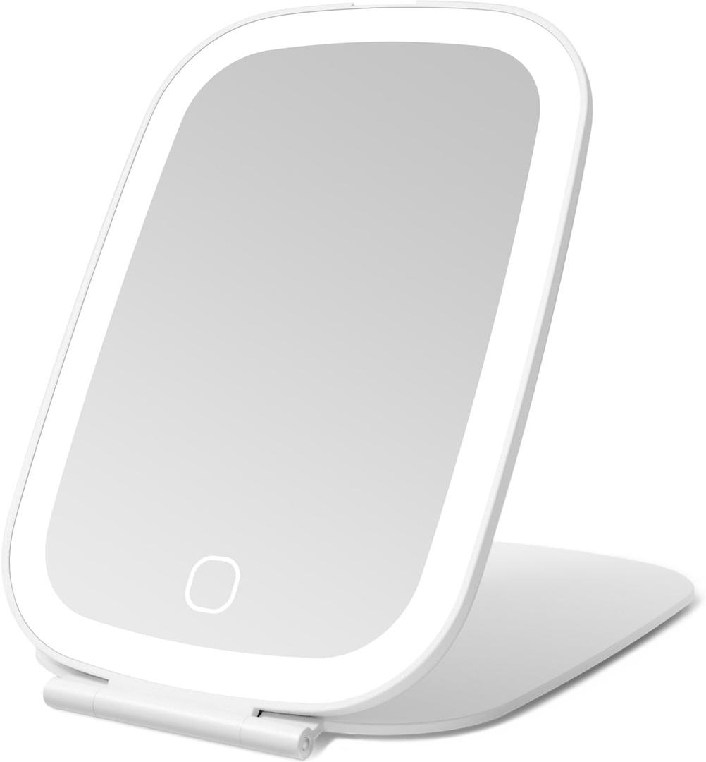 Travel Makeup Mirror, Rechargeable Portable Mirror with Lights, 3 Color Lighting, 7.5 inch Ultra Thin and Lightweight LED Folding Vanity Mirror (White)