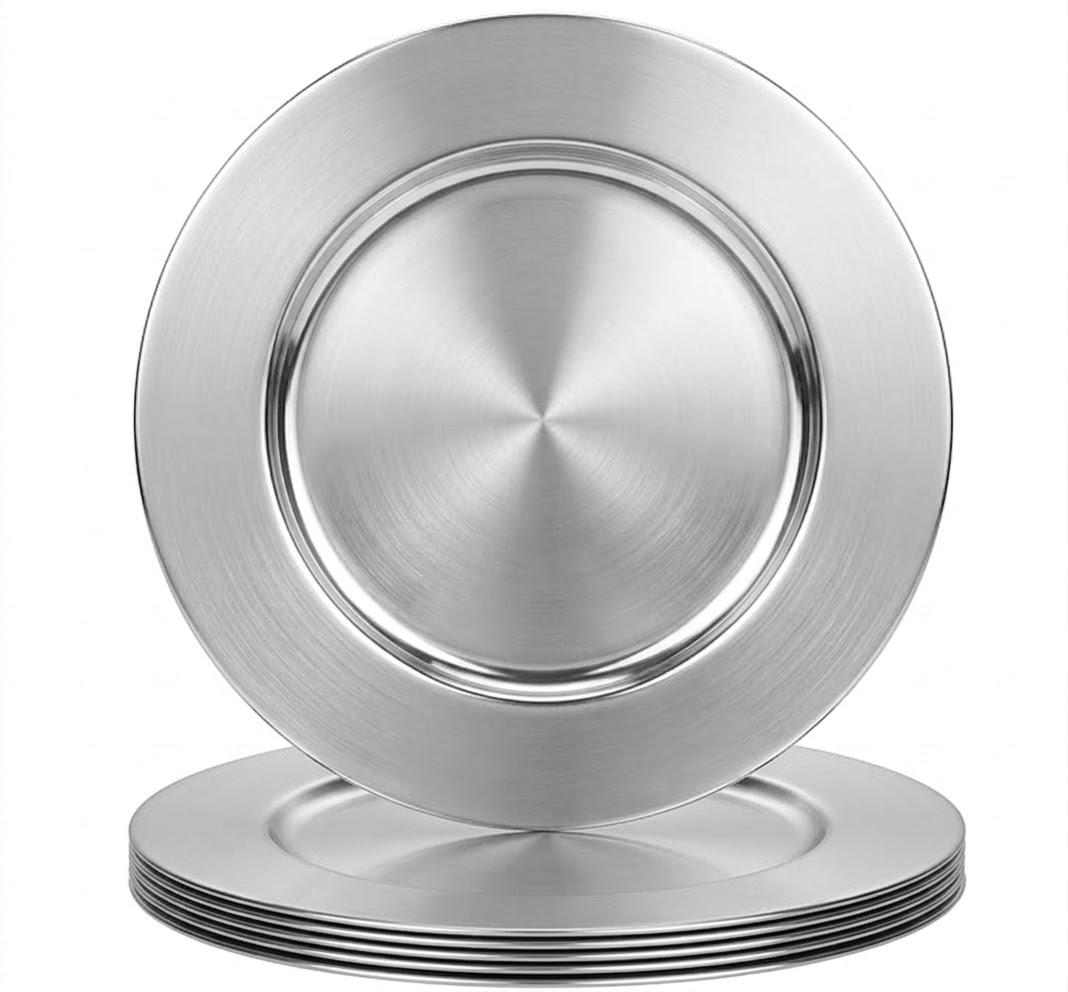 MAONAME Round Charger Plates Set of 6, 13 Inch Brown Charger for Dinner Plates, Farmhouse Faux Wood Plate Chargers, Rustic Table Chargers for Weddings, Party, Silver