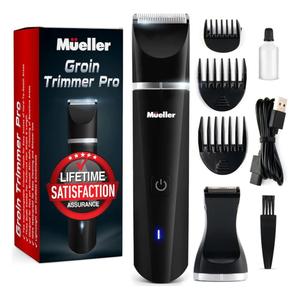 Mueller Groinscaper Pro Hair Trimmer 5.0, Replaceable SkinSaver Ceramic Blade Heads, Waterproof Wet/Dry Clippers, Rechargeable, Wireless Charging, Ultimate Male Hygiene Razor, Pack 2