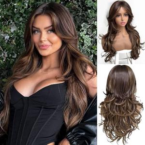 Highlight Dark Brown Layered Wavy Wig With Curtain Bangs for Women Dark Brown Mixed Honey Blonde Wavy Wig Natural Looking Synthetic Blonde Layered Heat Resistant for Daily Party Use 24inch