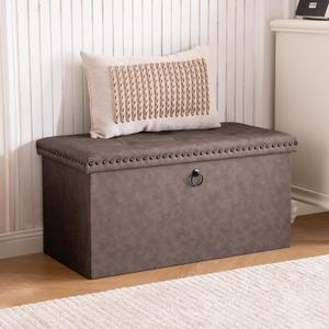 30 Inches Storage Ottoman Bench, Foldable Foot Rest with Rivet Design, 15 x 30 x 15 Inches, End of Bed Bench Footstool, Storage Chest, Load up to 330 lb, for Living Room, Bedroom, Entryway, Oak Brown