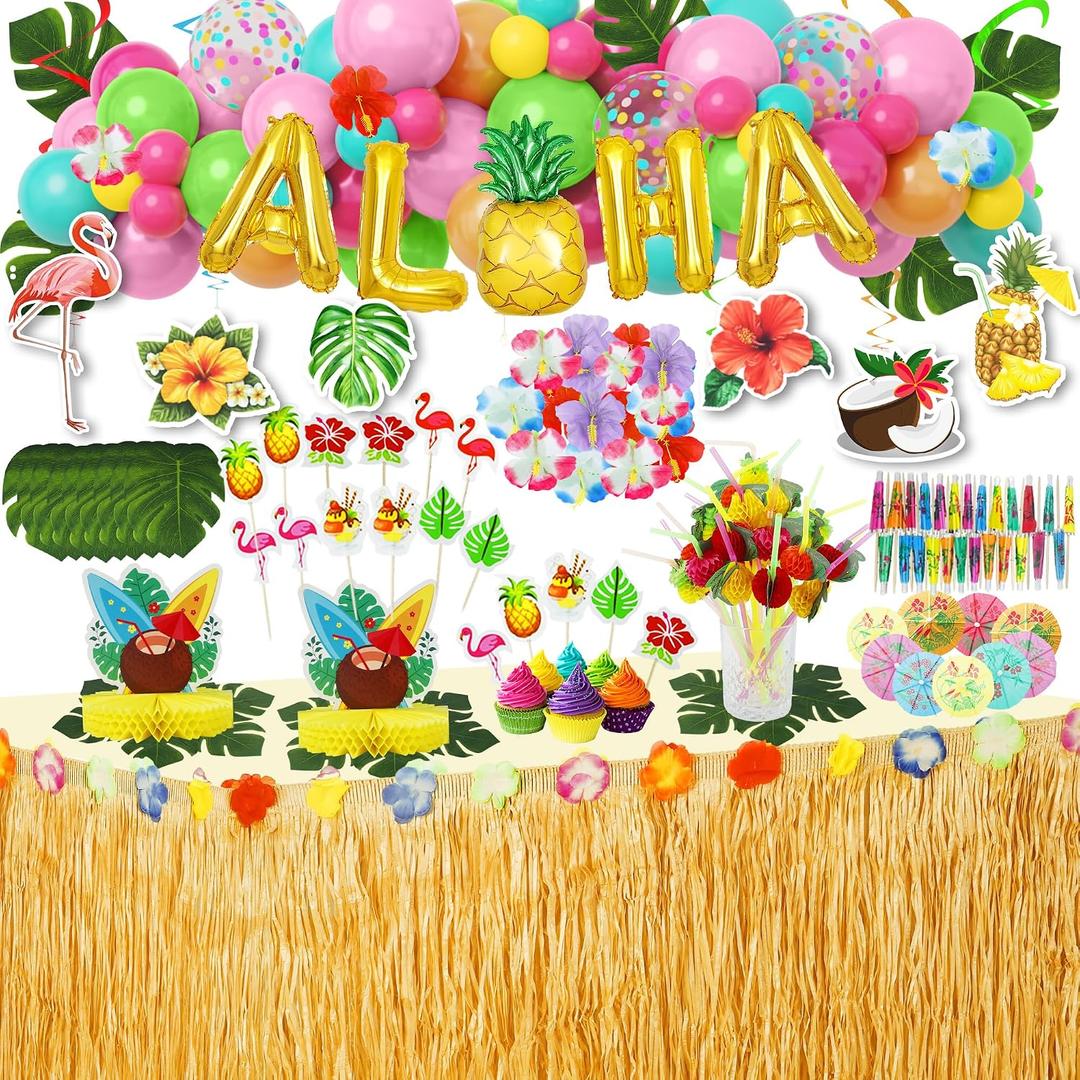 153Pcs Hawaiian Aloha Luau Party Decorations, Tropical Summer Beach Birthday Supplies Grass Table Skirt Hanging Swirl Aloha Balloon Garland Honeycomb Centerpiece Hibiscus Palm Leaves Straws CakeTopper