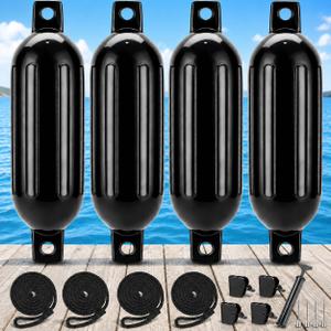FUCNEN Boat Fenders 6 Pack 6.5" x 23" Boat Bumpers Fenders for Docking with Pump, 4 Fender Ropes, 304 SS Quick-Release Fender Hanger Clips, for Pontoon, Yacht, Sailboat, Docking & Rafting(Black)