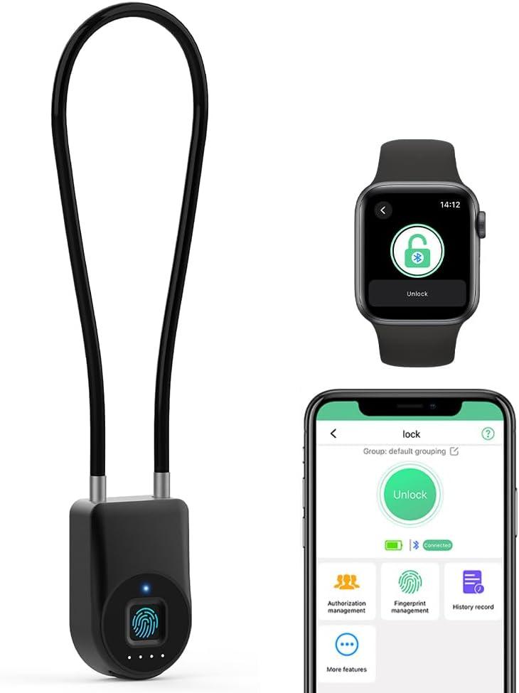 eLinkSmart Fingerprint Fridge Lock Cabinet Lock Cable Padlock for French Door Refrigerator Child Proof Waterproof 1000+ App Users 6 inch Steel Cable Lock for Gym Locker Cupboard Luggage (38cm)