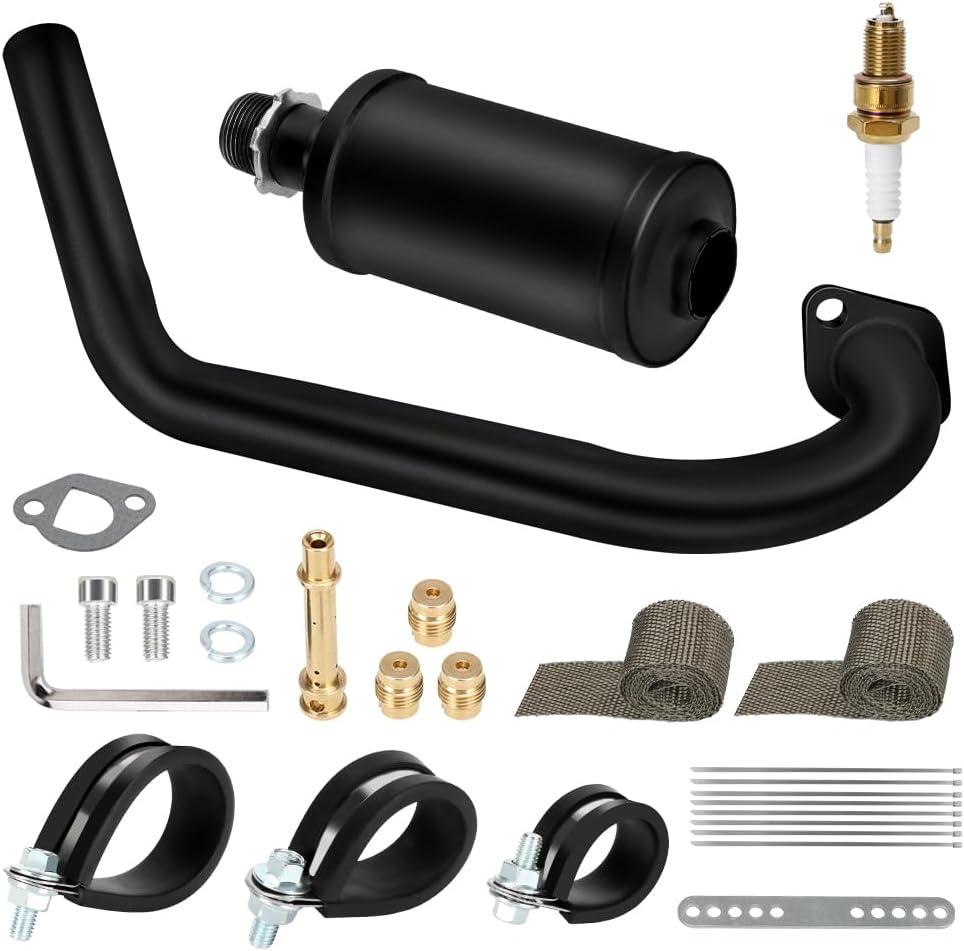 HIAORS Racing Exhaust Pipe Muffler Main Jet Kit for Predator 212cc 196cc 224cc 6.5hp Coleman CT200U BT200X CT200U-EX Mini Bike KT196 Go Kart Baja Warrior MB165 MB200 Performance Parts with Heat Shield (Black)