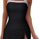 SUUKSESS Women Sexy Two piece Tummy Control Tankini Swimsuit Halter Neck Slimming Swimwear 2025 Color Block Backless Bathing Suit (Black, X-Large)