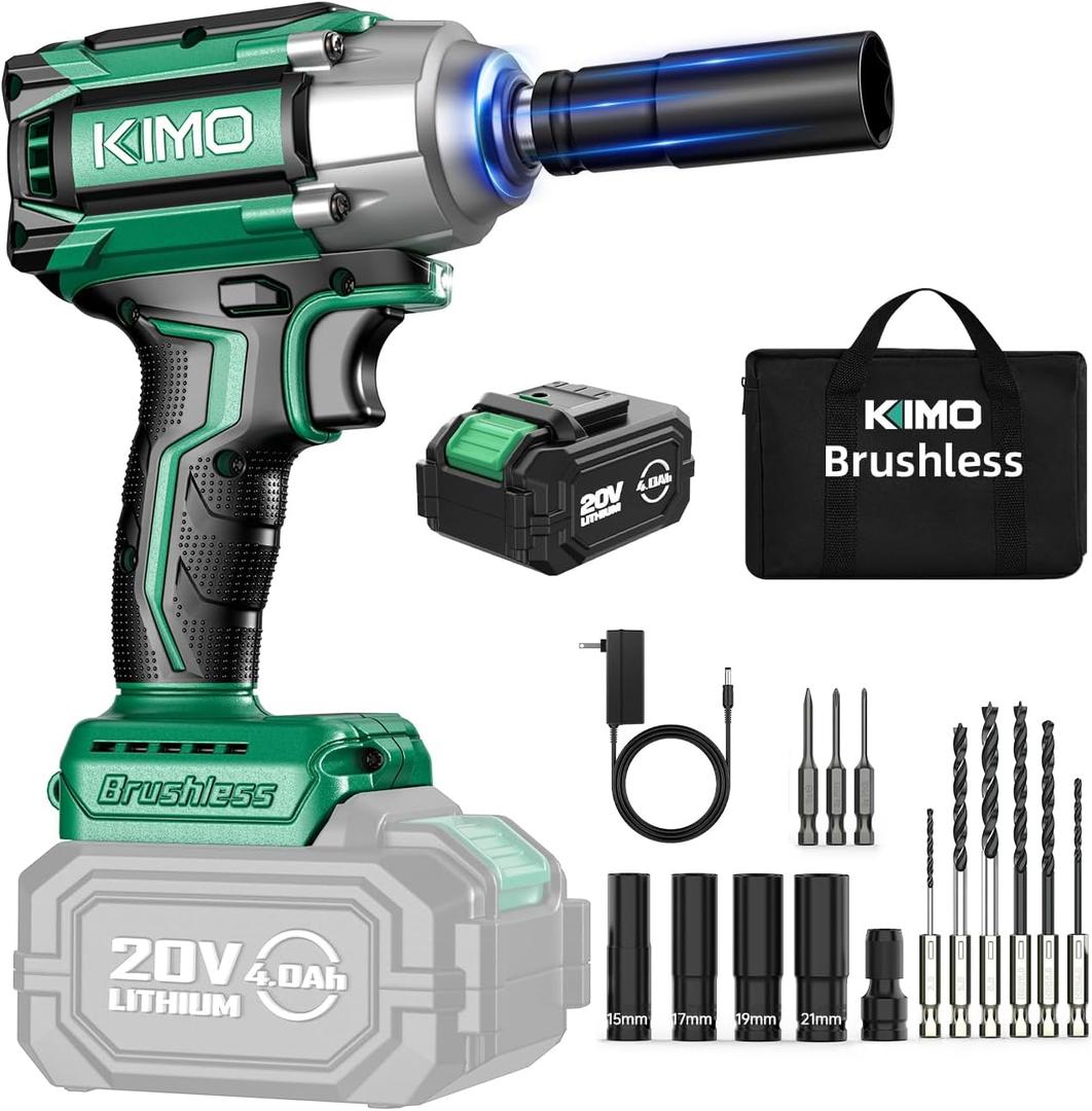 KIMO Impact Wrench 1/2 Cordless, 1200N.m (900ft-lbs), 4000RPM, 9-Piece Drill & Driver Set, 4 Sockets Impact Drill for Car Tires, Safety Lock, Variable Modes, 4000mAh Battery Power Smart Impact Wrench (Dark Green)