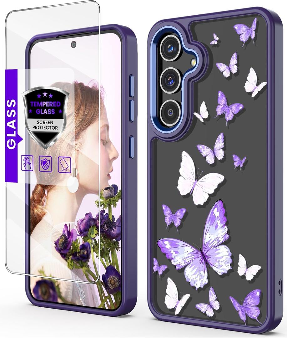 for Galaxy S24 5G Case with Tempered Glass Screen Protector,Samsung S24 5G [Military Grade Protective] Slim Soft TPU & Hard PC,Girls Women Crystal Clear Flower Pattern Cases-Purple Butterfly