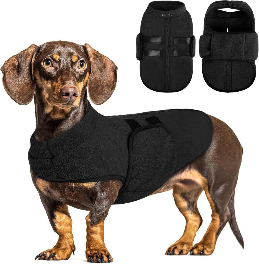 Queenmore XXS Dog Sweaters, Soft Fleece Vest Pullover Pet Jacket with Leash Hole, Warm Winter Dog Clothes Cold Weather Doggy Dachshund Sweater for Small Dogs Cats Boy or Girl (Black, XXS)