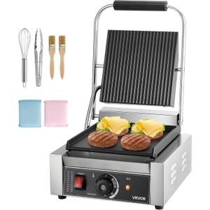 VEVOR Commercial Panini Grill, 1800W Electric Sandwich Panini Maker, Stainless Steel Sandwichs Press Grill with Handle and Temp Control, 8.8x9 in Flat Enamel Plate, for Hamburger Steak Bacon