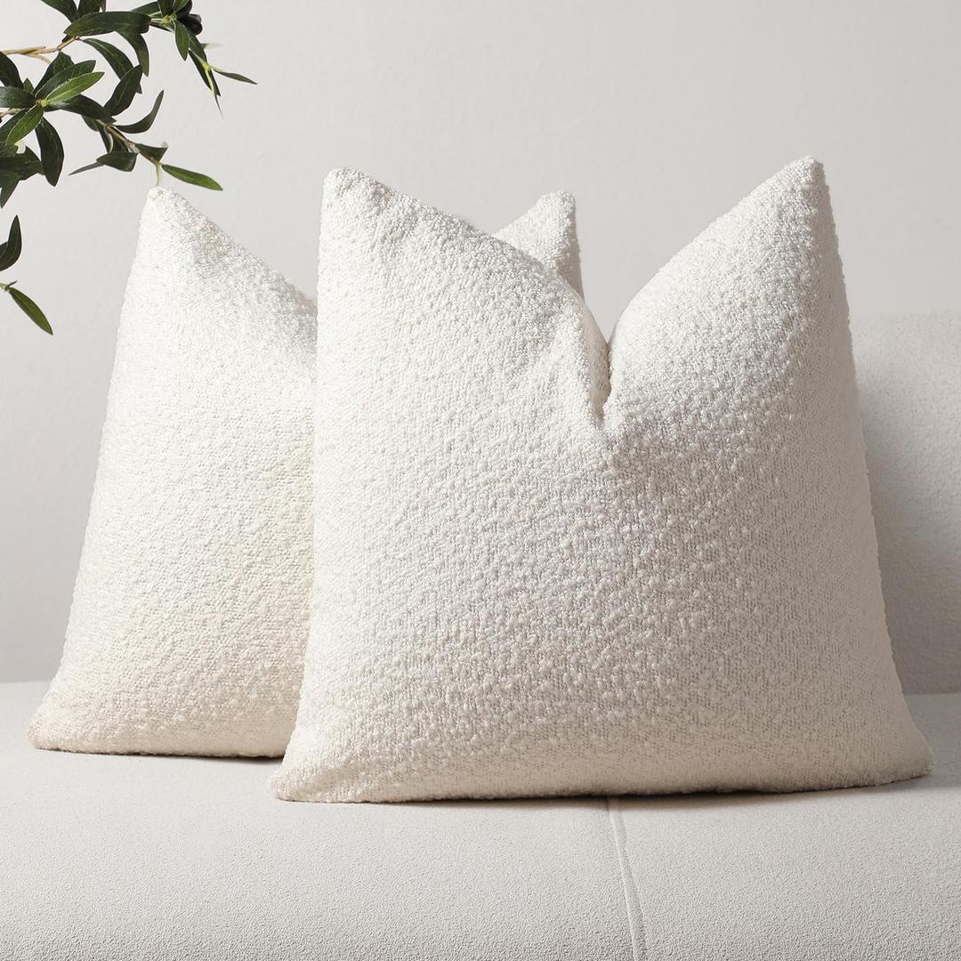 DEZENE Textured Boucle Throw Pillow Covers 18x18 White for Bed Couch Sofa Living Room, Pack of 2 Square Cozy Boho Decorative Pillow Cases (Covers ONLY)