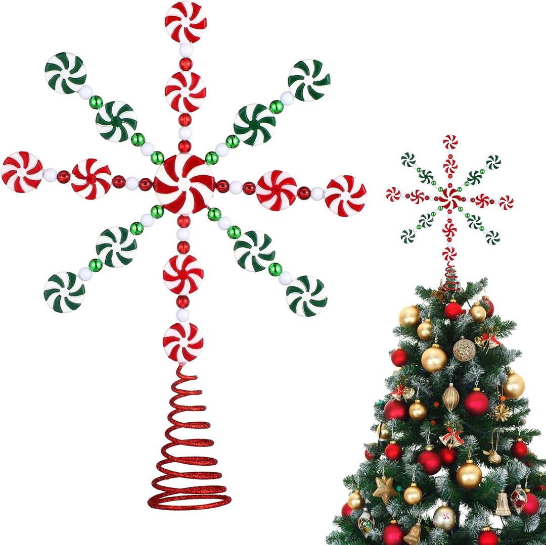 Hiboom Christmas Candy Cane Peppermint Tree Topper Candy Snowflake Tree Topper Plastic Lollipop Xmas Decorations Ornaments for Xmas Themed Party Supplies Table Home Shelf Indoor Outdoor Decor Gifts