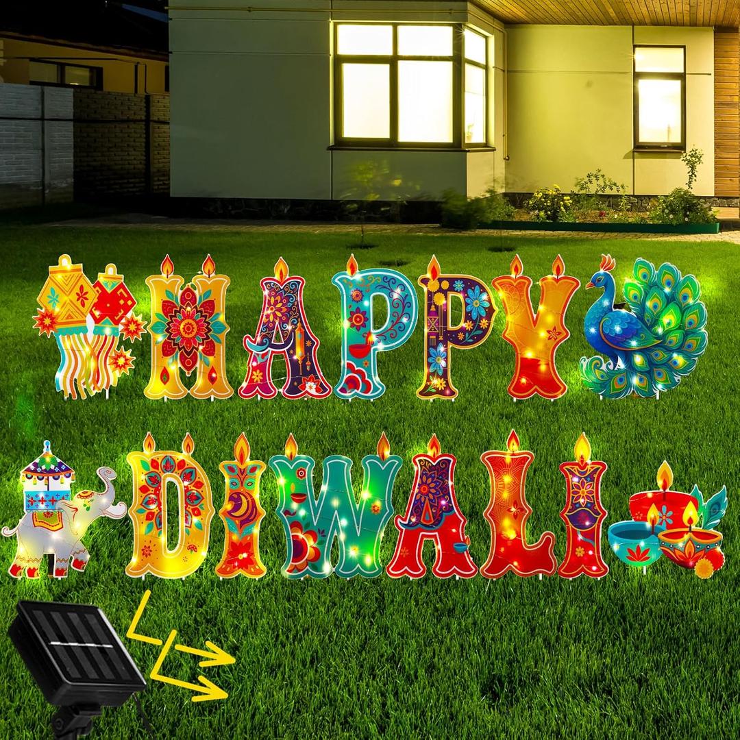 Leinuosen 15 Pcs Happy Diwali Yard Sign Decorations with Stakes and 2 Solar String Light Outdoor Happy Diwali Light up Decorations for Home Indian Deepavali Party Lawn Home Garden Outside Decor
