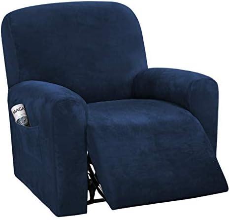 H.VERSAILTEX Velvet Stretch Recliner Couch Covers 4-Pieces Style Recliner Chair Covers Recliner Cover for Reclining Chair Slipcovers Feature Non Slip Form Fitted Thick Soft Washable, Navy