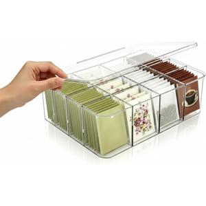 16 Compartment Acrylic Tea Bag Organizer with Lid - Stackable Clear Storage Box for Countertop, Pantry & Cabinet | BPA-Free Dustproof Container for Tea Packets, Coffee Pods, Sugar & Condiment Packets