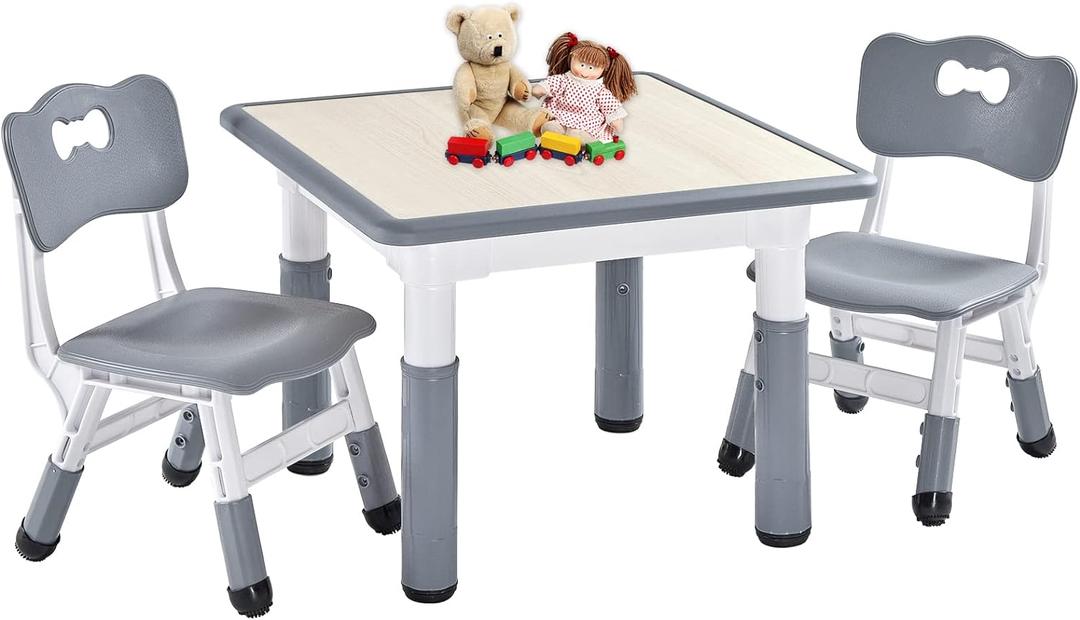FUNLIO Kids Table and 2 Chairs Set, Height Adjustable Toddler Table and Chair Set for Ages 3-8, Easy to Wipe Arts & Crafts Table, for Classrooms/ Daycares/ Homes, CPC & CE Approved (3pcs Set) - Gray