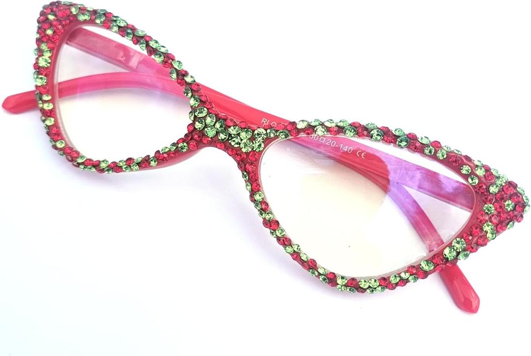 Cat Eye Rhinestone Reading Glasses for Women Christmas Sparkling Crystal Eyewear Trendy bling Diamond Reader (Red)