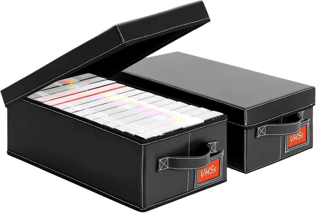 VHS Storage Box Set  2-Pack Faux Leather Cassette Tape Storage Bins  Holds 14 Clamshell Tapes Each  Stackable Vintage Media Organizer-Black