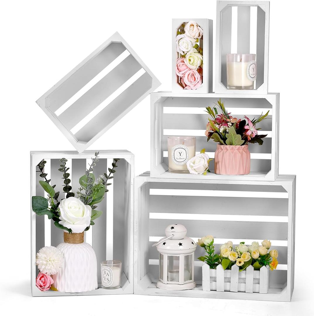BOBOKA Set of 6 Decorative Wood Crates Nesting Storage Container, 6 Size Farmhouse Decorative Wooden Storage Boxes, Rustic Wooden Crates for Storage, Display, Christmas Decorations (White)